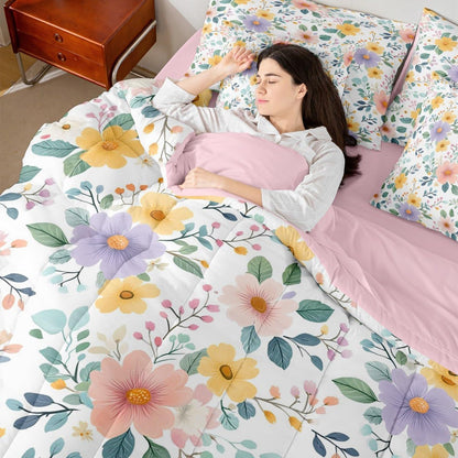 Erosebridal Floral 7 Piece Bedding Set Queen Peach Blossom Comforter Set with Sheets Colorful Flowers Hand Drawn Bed in a Bag Pink Black Botanical for Kids Girls Women