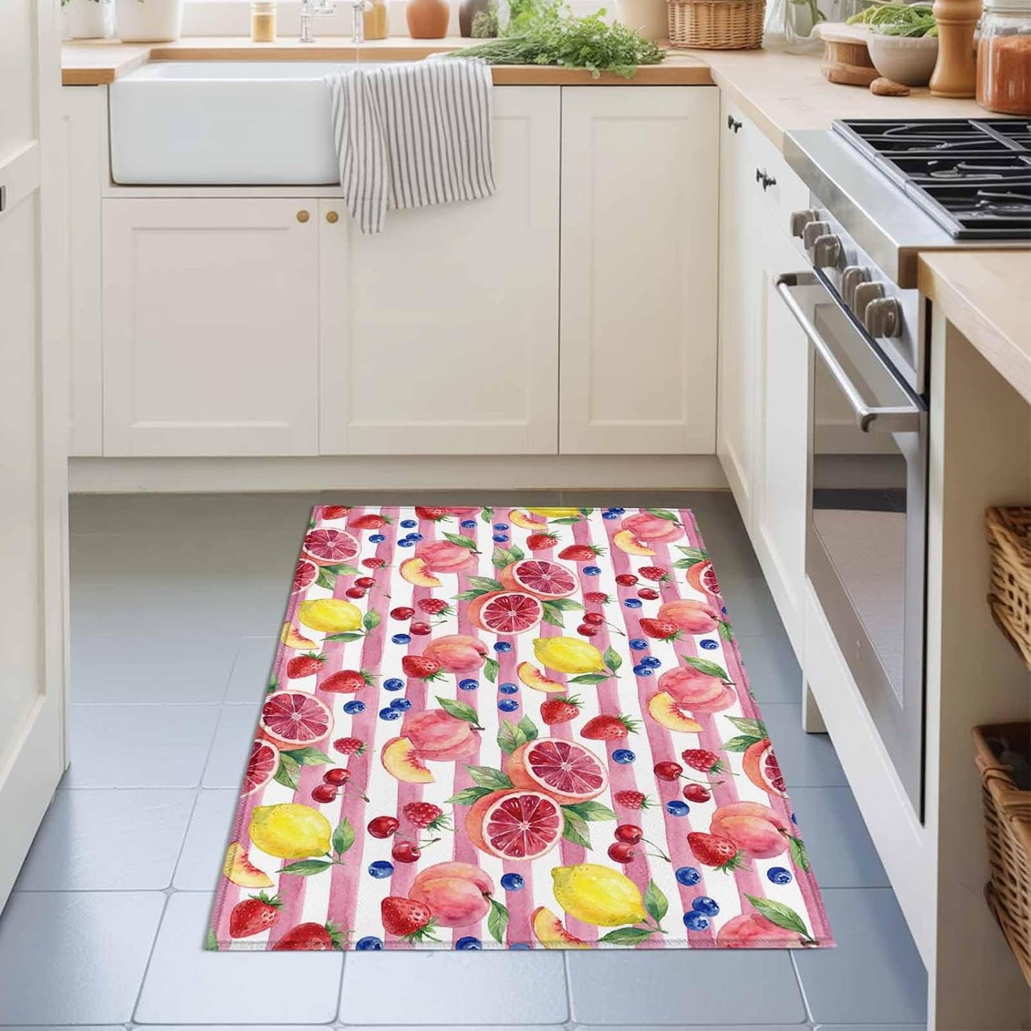 Area Rug 24×36in, Summer Peach Lemon Grapefruit Floor Carpet Living Room Rug, Blueberry Strawberry Pink Stripe Non-Slip Welcome Mat Indoor Rugs for Bedroom Dining Room