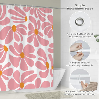 Pink Shower Curtain Set, Abstract Floral Bath Curtain, 72x72 Inches Waterproof Polyester Fabric, Durable Bathroom Decor with Hooks