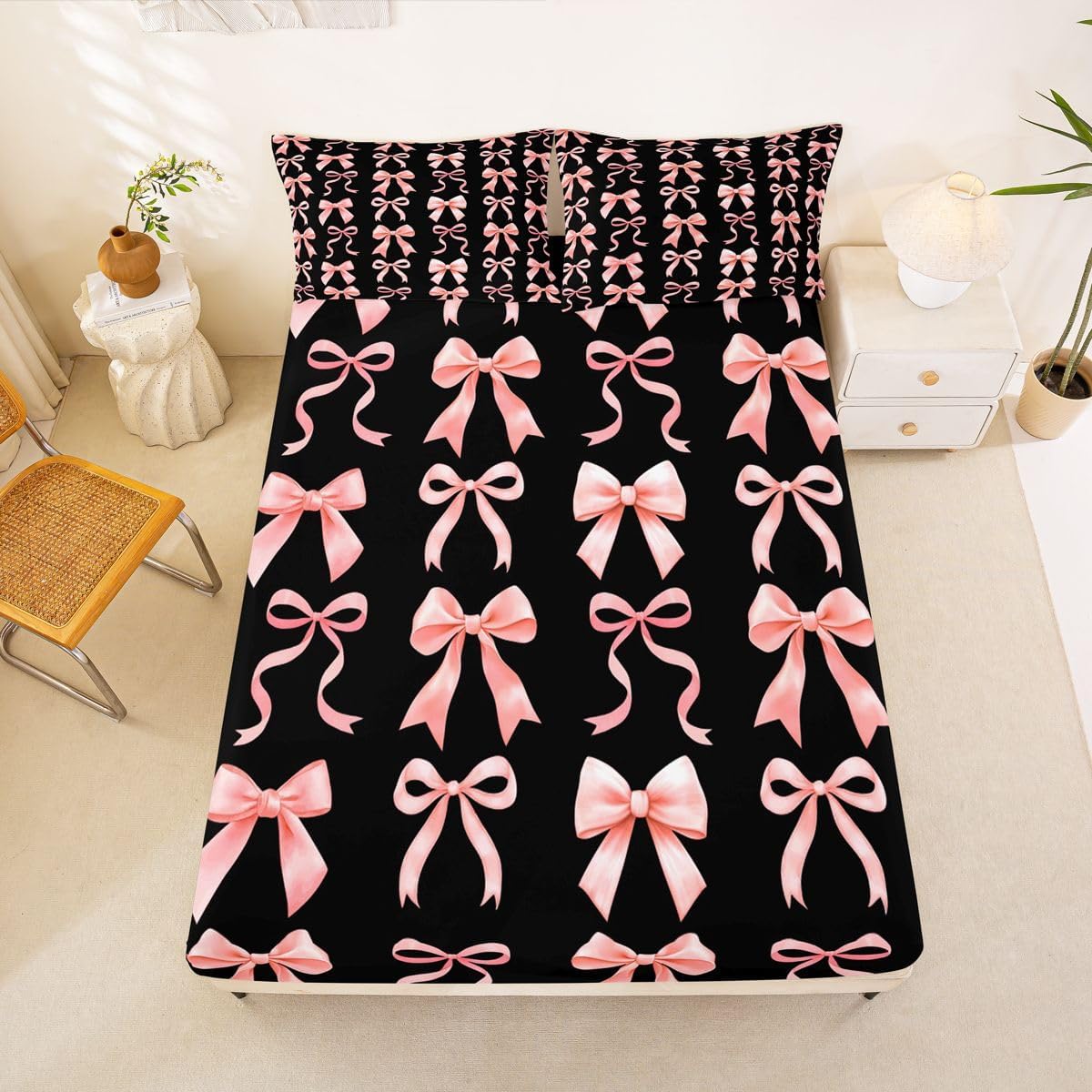 Feelyou Bow Fitted Sheet Queen Size for Kids Boys Girls Cute Kawaii Peach Pink Bowknot Bed Sheets Set 16" Deep Pocket Dreamy Princess Bow-tie Style Bedding with 2 Pillowcases Room Decor