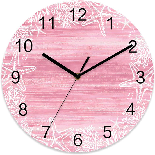 Ocean Wall Clock Battery Operated Non-Ticking 10" Round Wood Clocks, Starfish Seashell Coral Marine Life Pink Kitchen Wall Clock for School Bathroom Living Room Home Office Wall Decor