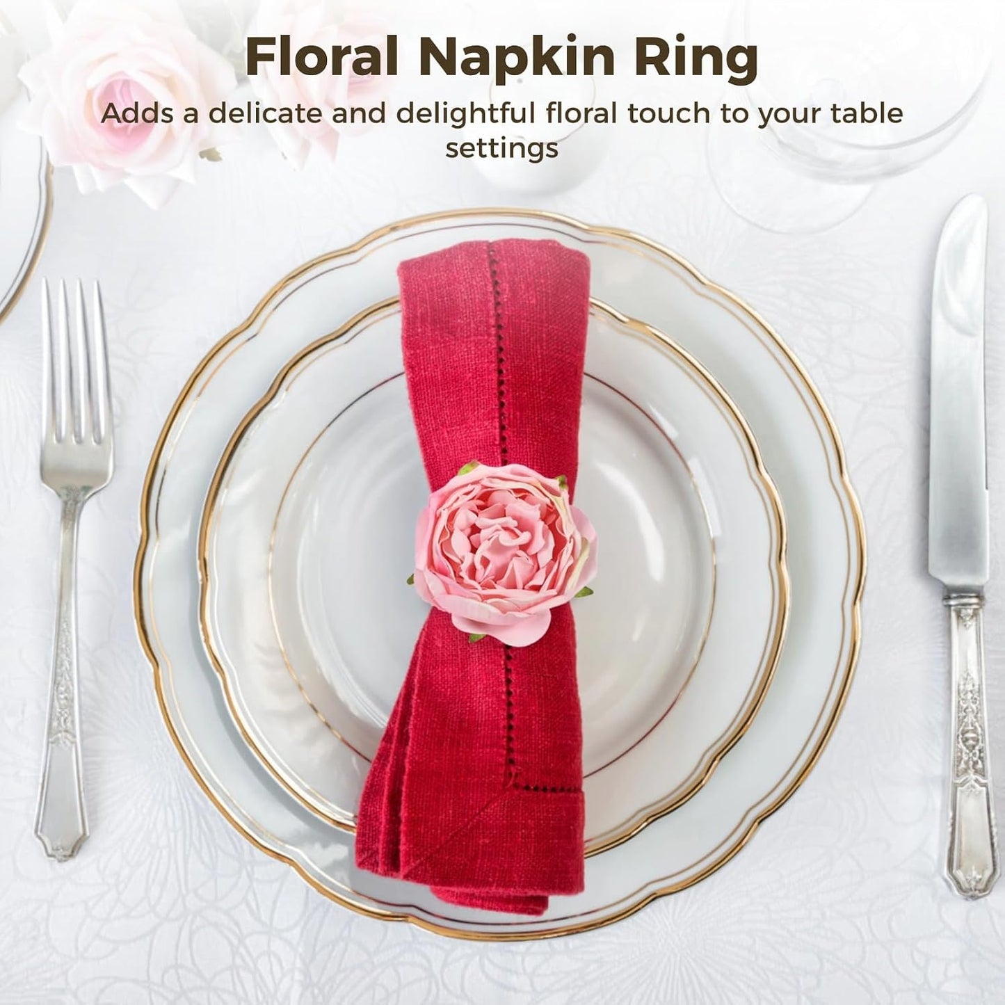 8 Pcs Pink Rose Napkin Rings, Floral Fabric Napkin Holders for Dining Table, Romantic Table Decorations for Valentine's Day, Wedding, Thanksgiving, Birthday Party