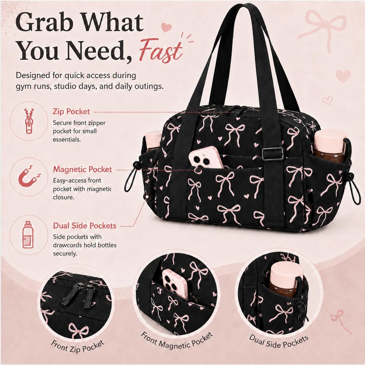 LOIDOU Aesthetic Dance Bag for Girls Corduroy Lightweight Bow Ballet Gymnastic Bag, Small Gym Bag for Women with Wet Dry Pocket, Cute Tote Bag Gifts for Birthday Christmas