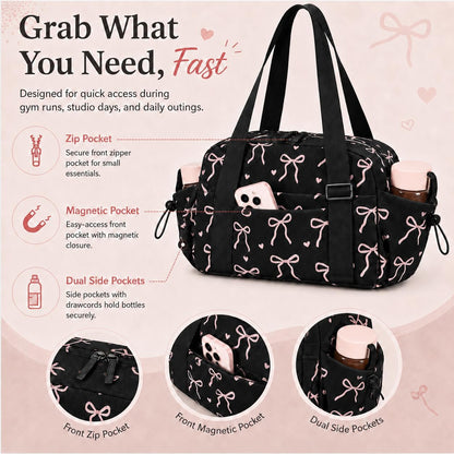 LOIDOU Aesthetic Dance Bag for Girls Corduroy Lightweight Bow Ballet Gymnastic Bag, Small Gym Bag for Women with Wet Dry Pocket, Cute Tote Bag Gifts for Birthday Christmas