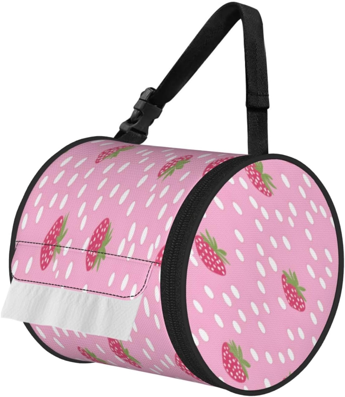 Oxford Cylinder Tissue Holder, Round Tissue Container Pink Strawberry Dots Pattern - 6.3''X6.3'' Portable Toilet Paper Roll Cover Tissue Box for Home Car Camping Office Travel