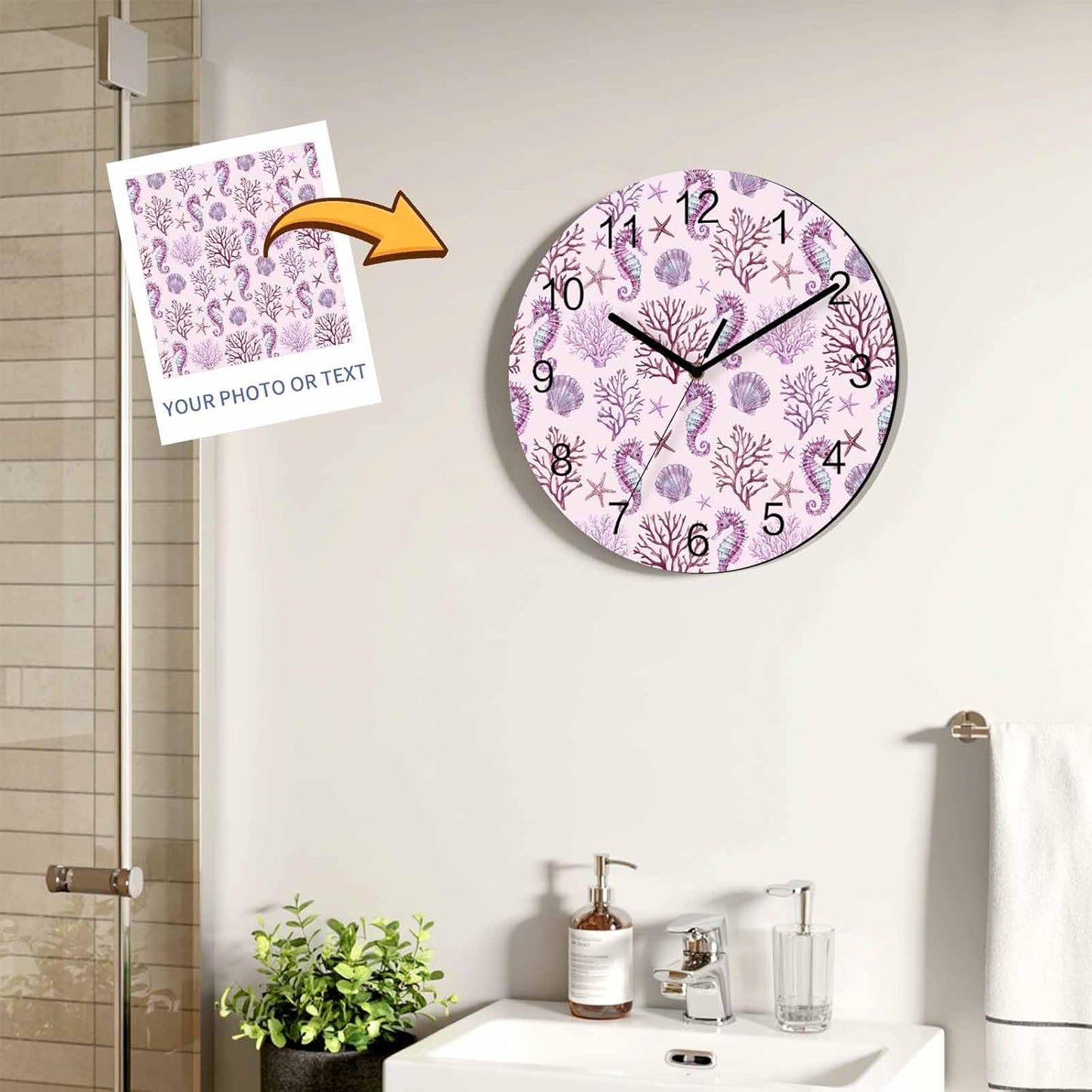 Marine Life Wall Clock Battery Operated Non-Ticking 10" Round Wood Clocks, Ocean Coral Seahorse Starfish Pink Kitchen Wall Clock for School Bathroom Living Room Home Office Wall Decor