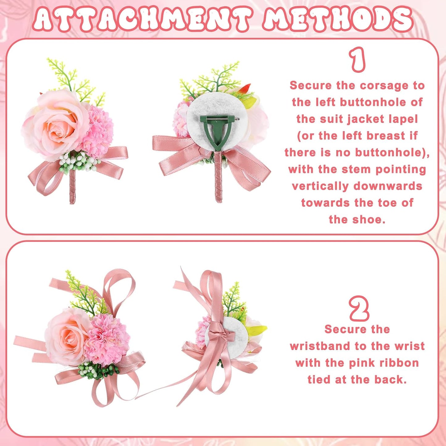 Pink Corsage and Boutonniere Set, Artificial Corsage Wristlet and Boutonniere for Wedding Christmas Flowers Accessories (2PCS)