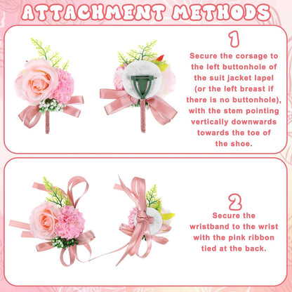 Pink Corsage and Boutonniere Set, Artificial Corsage Wristlet and Boutonniere for Wedding Christmas Flowers Accessories (2PCS)