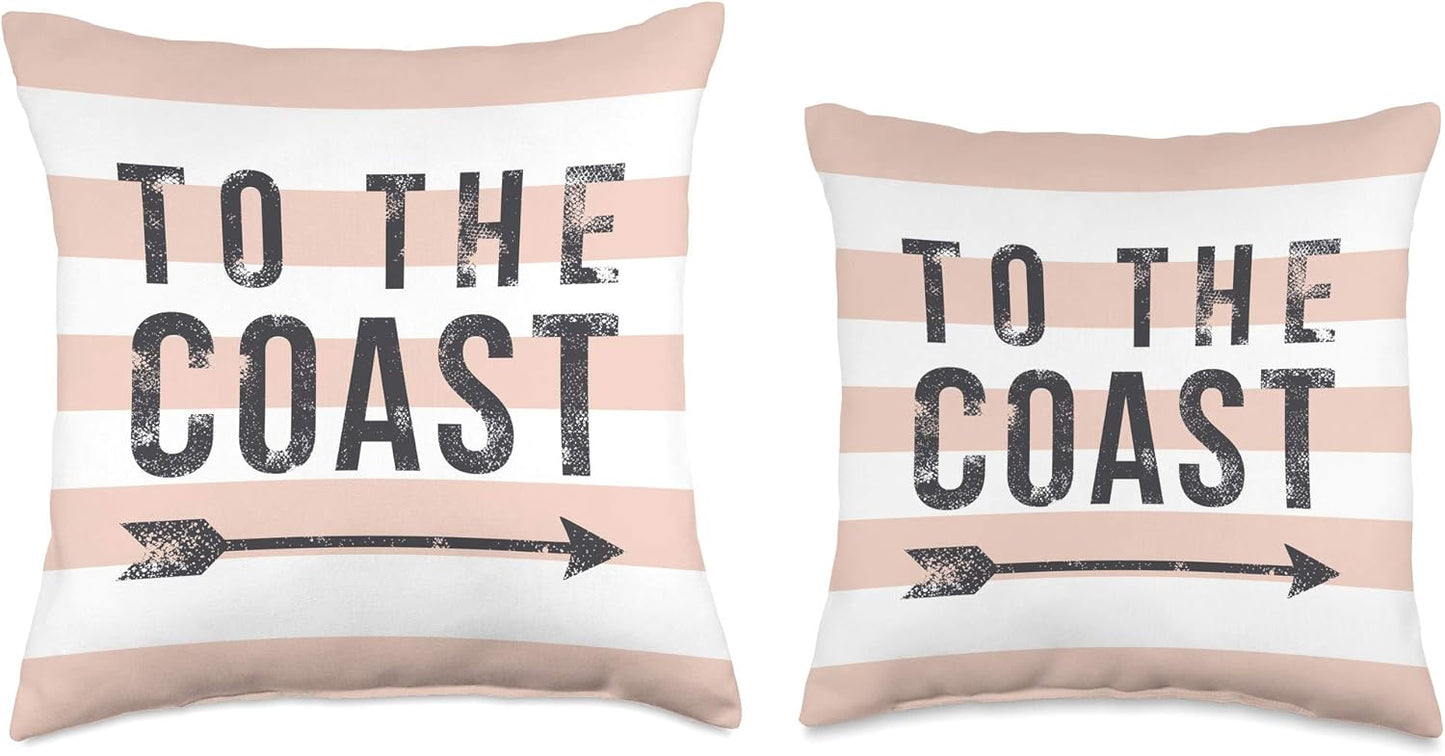 To The Coast - Cute Summer Quote - Pastel Peach Stripe Throw Pillow