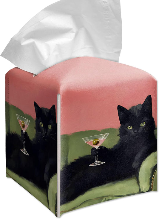 Vintage Martini Black Cat Tissue Box Cover Square, Retro Cube Pink Decorative Tissue Box Cover, 5.2 Inch.(008)
