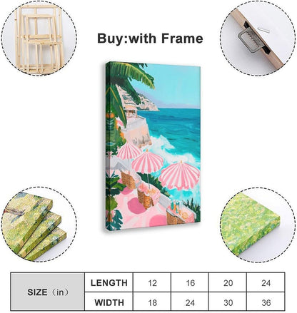Pink Beach Umbrella Coastal Wall Art Pastel Ocean Canvas Print for Girly Apartment Bedroom Decor, Retro Mediterranean Vacation Poster for Cute Aesthetic Preppy Room Aesthetics