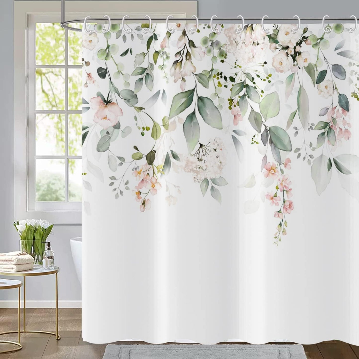 Spring Eucalyptus Shower Curtain, Sage Green Leaves Botanical Plants with Pink Flowers on The Top Fabric Bathroom Curtain Home Decor Waterproof Washable 12 Hooks 72.00'' x 72.00'' (GCI-9918)