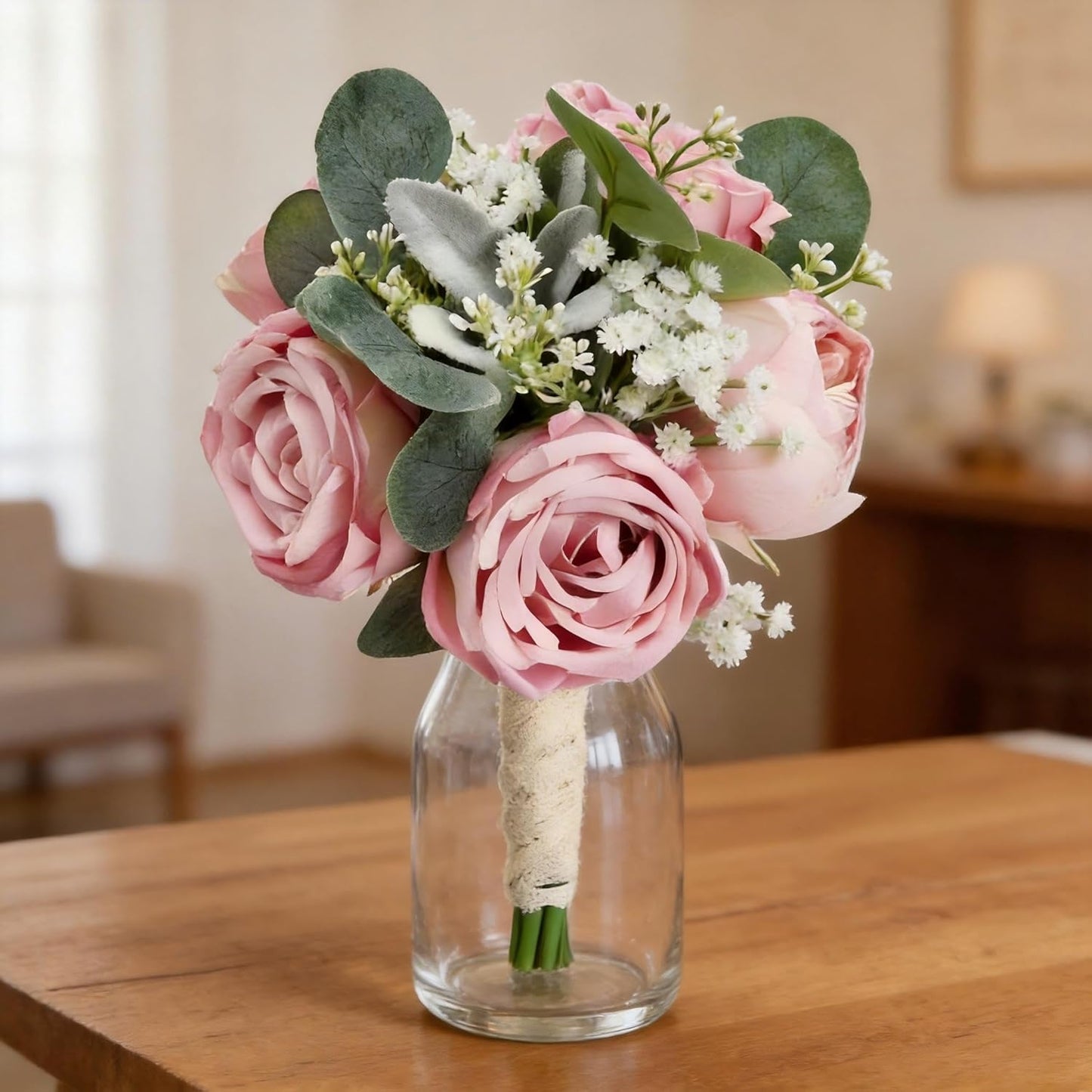 Set of 6 Dusty Pink Peonies & Rose Bridesmaid Bouquets for Wedding Marriage Proposal Bridal Shower Decorations