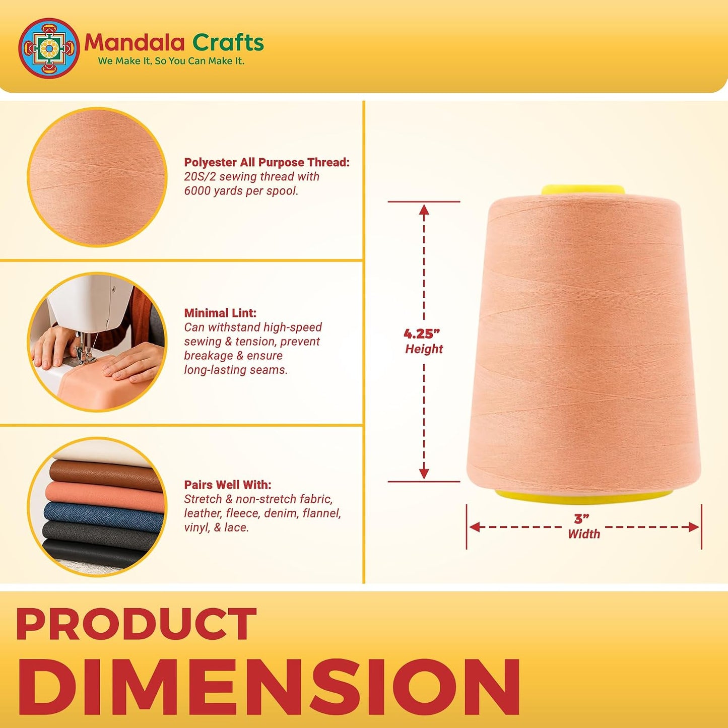 Mandala Crafts 4 Pack of Serger Threads Cones Spools - 20S/2 24000 Yards Polyester Peach Threads for Sergers Machine and Overlock Quilting Sewing Machine