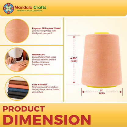 Mandala Crafts 4 Pack of Serger Threads Cones Spools - 20S/2 24000 Yards Polyester Peach Threads for Sergers Machine and Overlock Quilting Sewing Machine