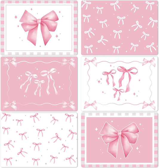 Pink Bow Plastic Placemats Set of 6 Cute Coquette Butterfly Bowknot Dinner Table Mats Pink Ribbon Bow Place Mats Wedding Baby Shower Birthday Table Decoration for Indoor Outdoor Party Kitchen Dining