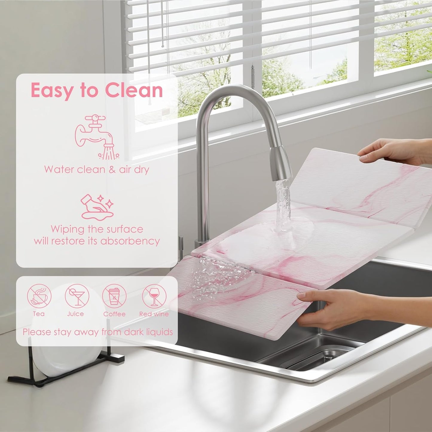 3 PCS Large Stone Dish Drying Mat for Kitchen Counter -24"x16" Absorbent Diatomaceous Earth Mat with Stone Faucet Mat & Soap Tray - Quick Dry, Collapsible, Non-Slip Countertop Organizer