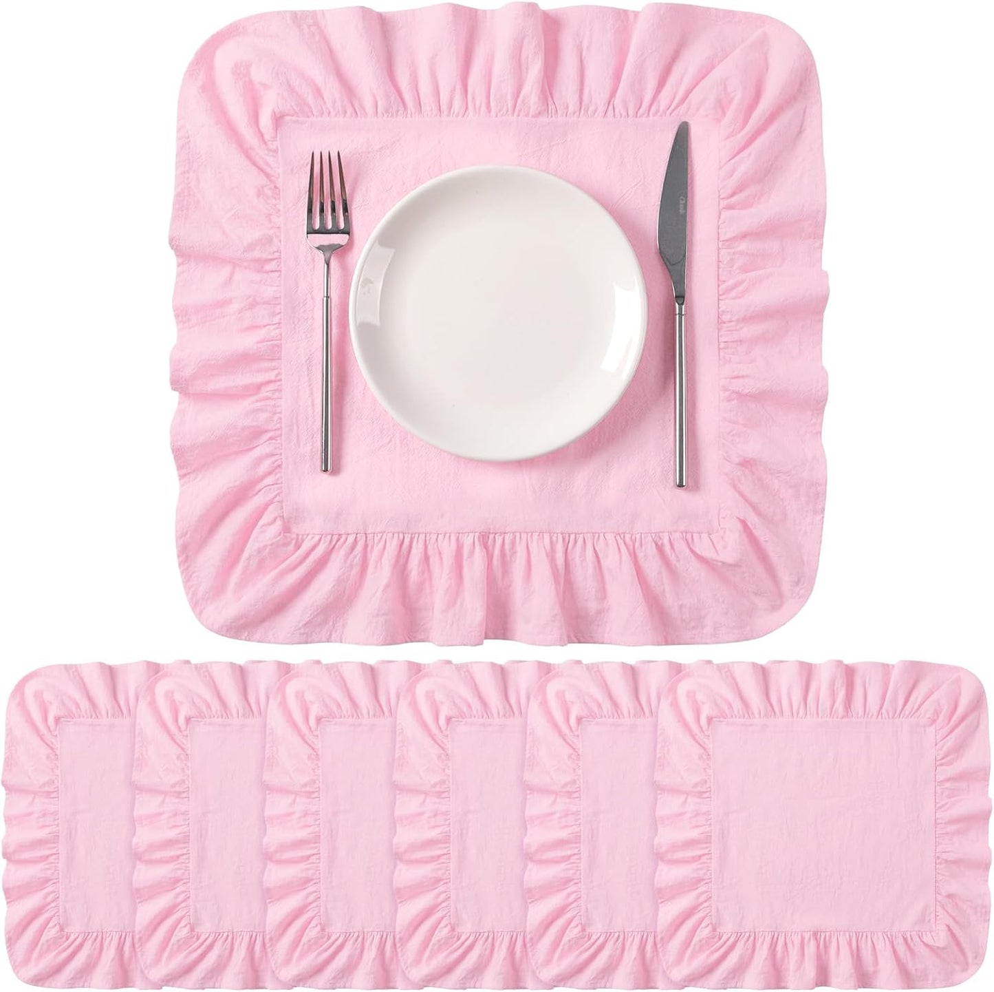 Patelai Set of 6 Pink Ruffle Placemat 16 Inch Light Pink Cotton Fabric Tablemat Farmhouse Rustic Decorative Scalloped Washable Place Mat for Valentines Wedding Holiday Party Kitchen Dining Table Decor