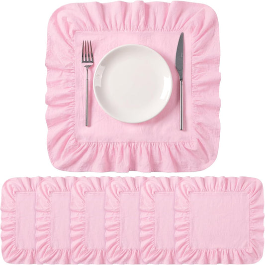 Patelai Set of 6 Pink Ruffle Placemat 16 Inch Light Pink Cotton Fabric Tablemat Farmhouse Rustic Decorative Scalloped Washable Place Mat for Valentines Wedding Holiday Party Kitchen Dining Table Decor