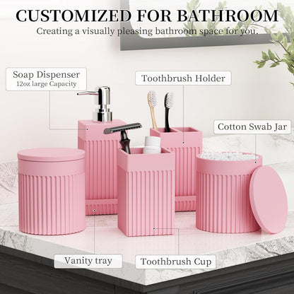 6-Piece Pink Bathroom Set - Sleek Resin Bathroom Accessories Set with Soap Dispenser, Toothbrush Holder, Vanity Tray, Tumbler & Apothecary Jars for Small Spaces