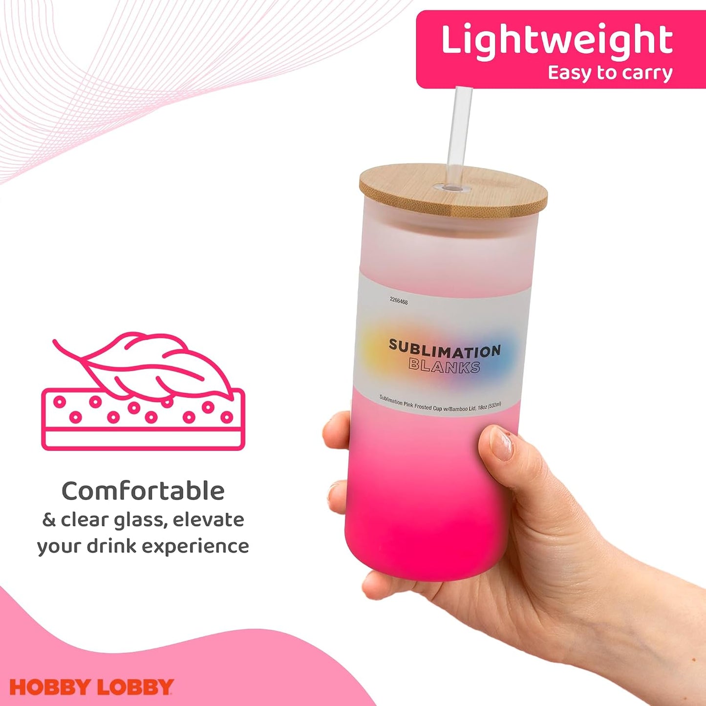 Frosted Glass Tumbler (18 Oz, Pink) - Insulated & Lightweight Glass Cup w/Bamboo Lid, Straw - Perfect for Custom Gifts
