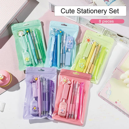 MOZXIRZ 8 Pcs Cute Pink Stationery Set for Girls Boys Women Back to School Supplies Office Supplies Kawaii Candy Colors Stationery Gift Including Pen Pencil Highlighter Eraser (Pink)