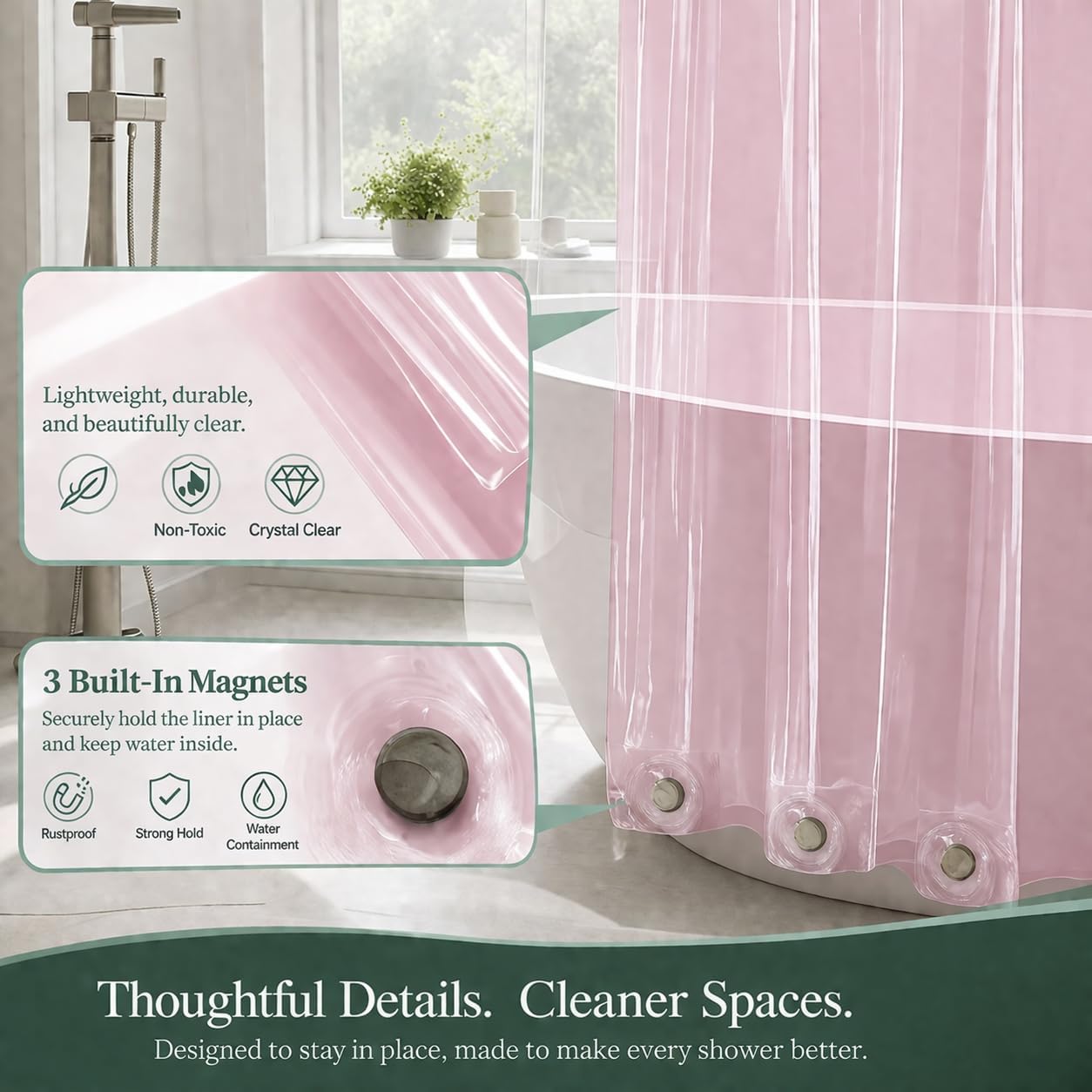 EHZNZIE Pink Shower Curtain Liner 72x72, PEVA Waterproof Bath Curtain, No Chemical Smell, 3 Weighted Magnets, Durable with Rustproof Metal Grommets