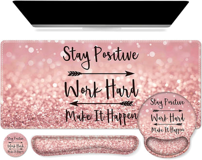 iCasso Mouse Pad,Large Pink Desk Mat Set, 4in1 XXL Mousepad + Keyboard Wrist Rest+Mouse Wrist Rest+Coaster with Ergonomic Desk Pad for Home Office Table Computer Cover -Pink Stay Positive