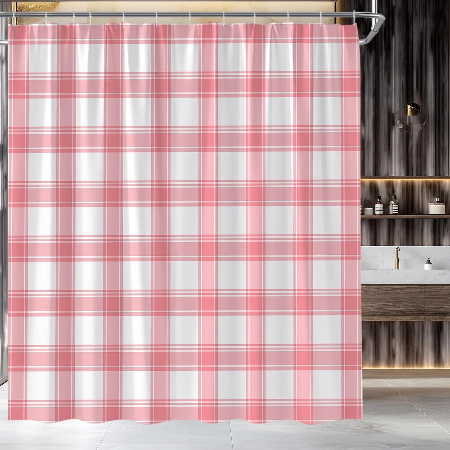 Pink Plaid Shower Curtain Checkered Geometric Buffalo Check Rustic Farmhouse Fabric Bathroom Decor(72''Wx72''L)