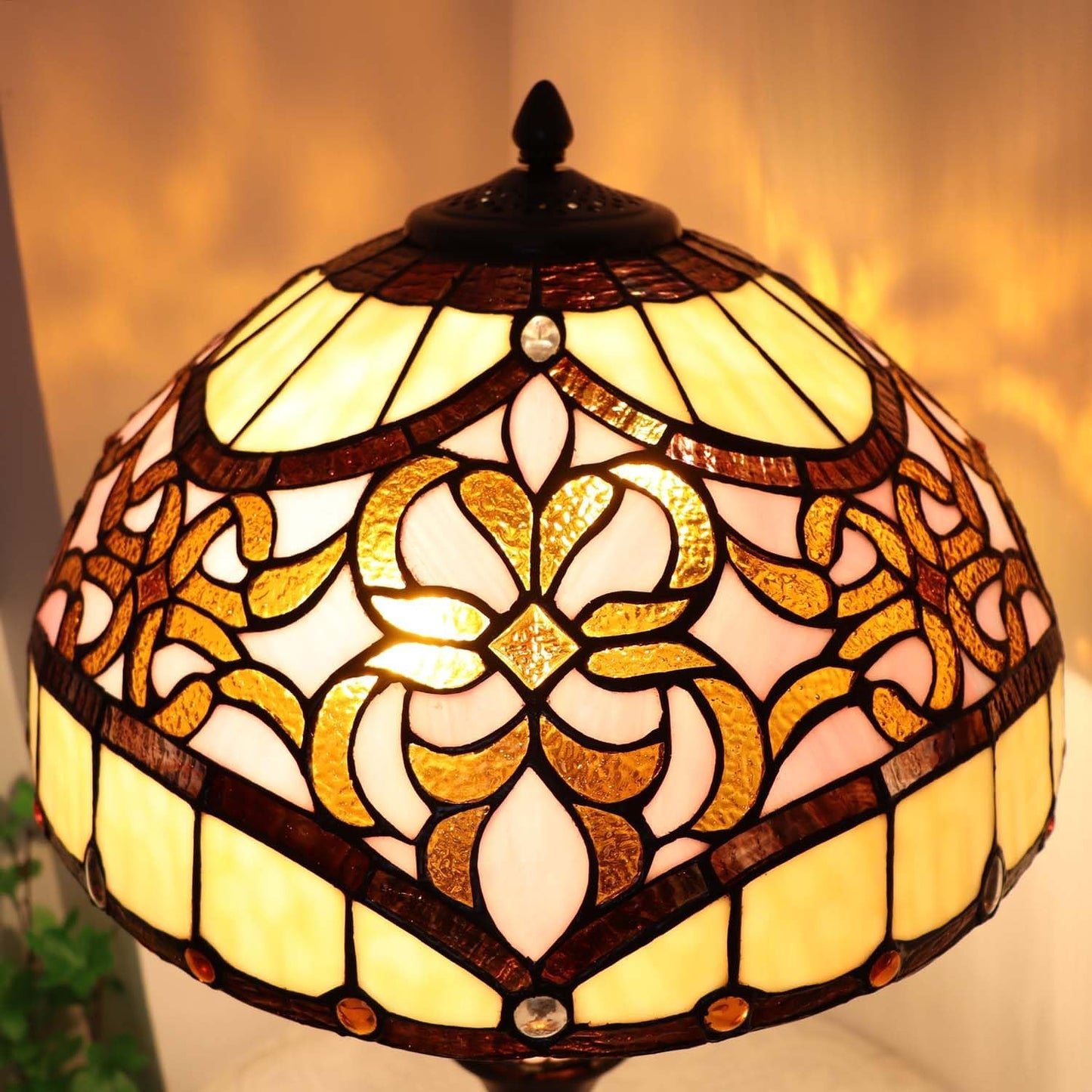 Bieye L10912 Baroque Tiffany Style Stained Glass Table Lamp Lighted Base for Living Room Bedside Home Decoration (Pink, 16-inch)