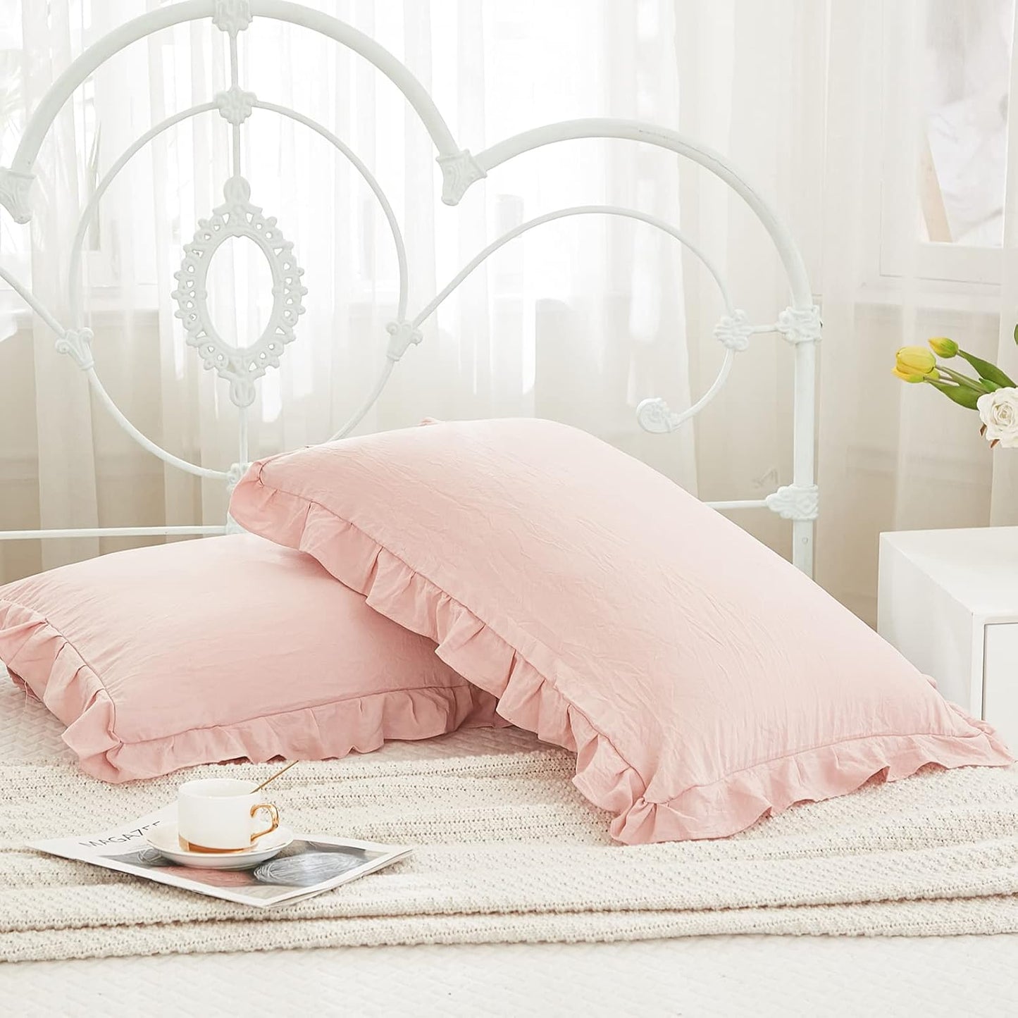 Pink Pillow Shams Baby Pink Ruffle Standard Pillowcases Cute Pillow Cover Set of 2 Shabby Chic Soft Microfiber Pillowcases 2 Pack (Queen (20''x30''), Pink)