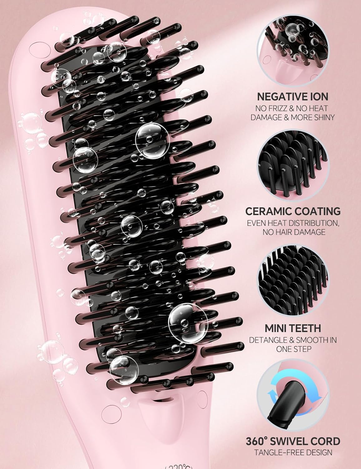 LANDOT Mini Hair Straightening Brush – Portable Heated Ionic Straightener Brush for Short to Medium Hair, 30s Fast Heat, Lightweight Hot Comb for Travel, Blush Pink