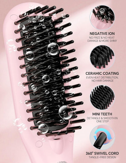 LANDOT Mini Hair Straightening Brush – Portable Heated Ionic Straightener Brush for Short to Medium Hair, 30s Fast Heat, Lightweight Hot Comb for Travel, Blush Pink