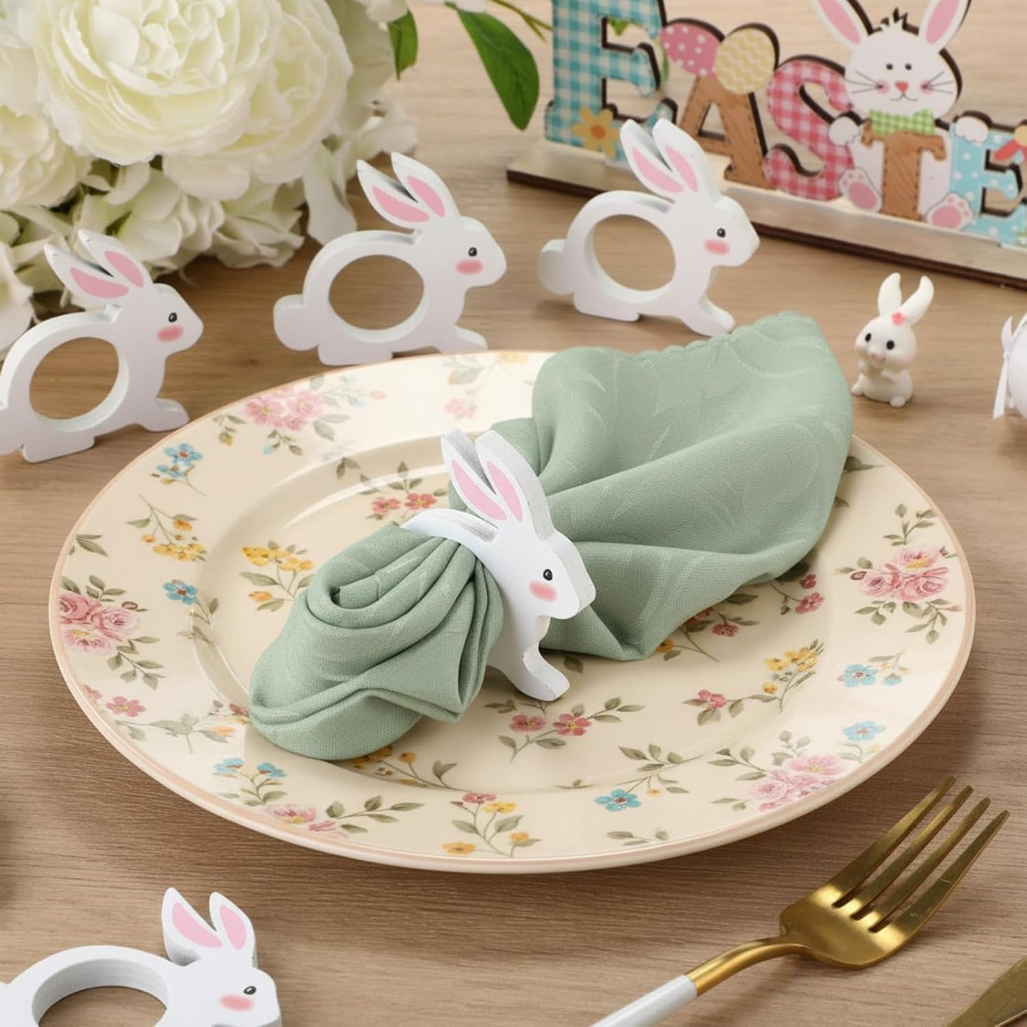 Chengu 12 Pcs Pink White Easter Bunny Napkin Rings Wooden Bunnys Napkin Rings Handmade Rabbit Dinner Paper Holders for Easter Spring Party Banquet Dinning Table Decoration (Bunny Ear)