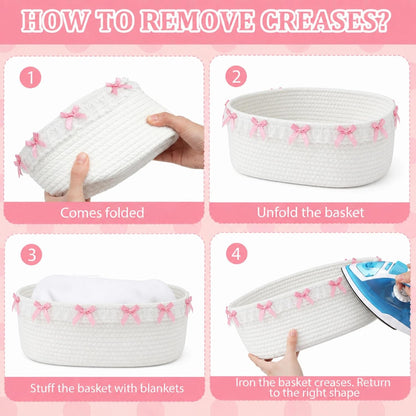 Cute Basket for Gifts Empty, 12"x 8"x 5" Coquette Woven Rope Gift Baskets White Lace Rectangle Shelf Organizer Storage Bins for Nursery, Baby Shower, Toy Organizing