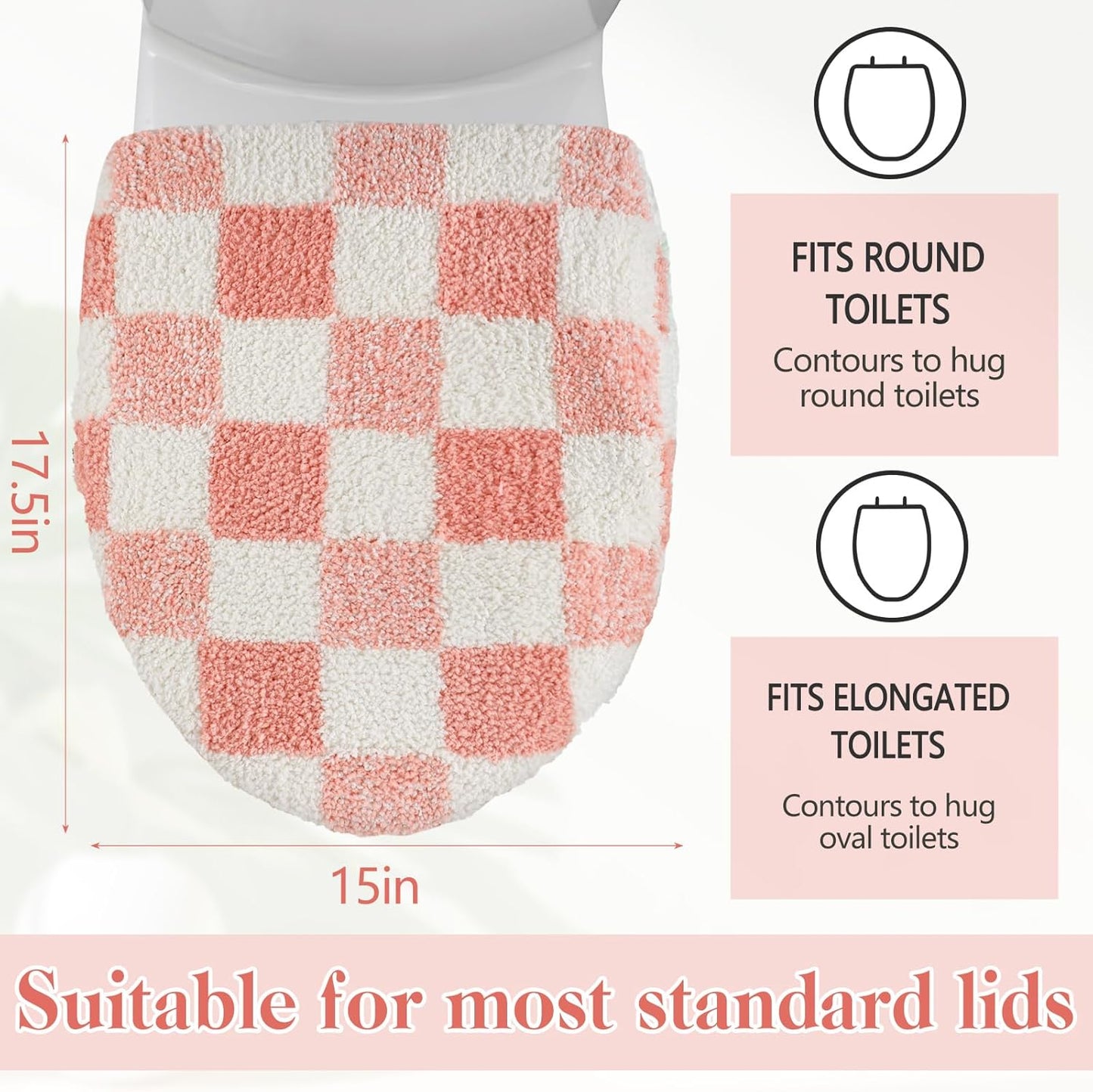 HunnmingRe Pink White Checkered Bathroom Toilet Lid Cover Soft Microfiber Toilet Top Cover 17.5" x 15" Washable Aesthetic Bathroom Decor Fits Most Round, Elongated and Oblong Lids, Machine Washable