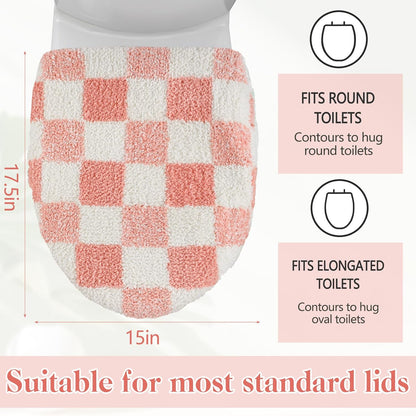 HunnmingRe Pink White Checkered Bathroom Toilet Lid Cover Soft Microfiber Toilet Top Cover 17.5" x 15" Washable Aesthetic Bathroom Decor Fits Most Round, Elongated and Oblong Lids, Machine Washable
