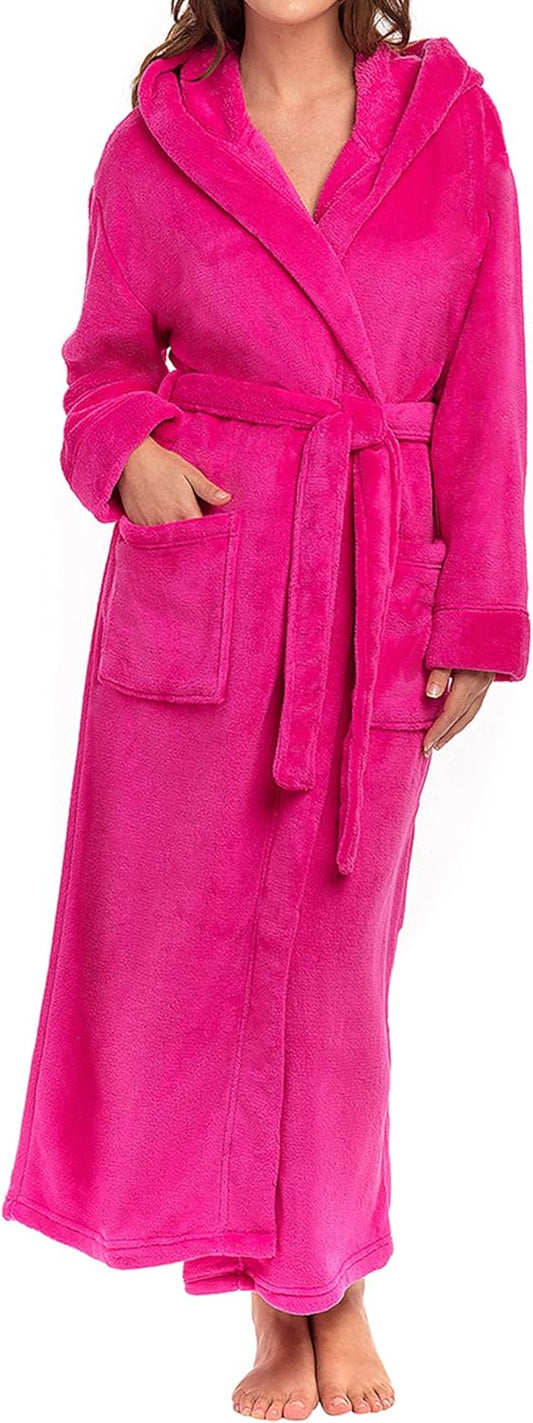 Alexander Del Rossa Plush Fleece Robe for Women, Long Hooded Bathrobe with Hood, Plus Size