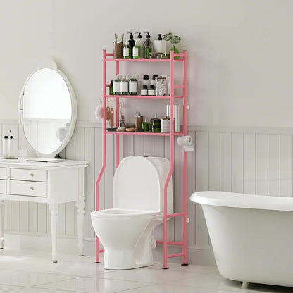 3-Tier Over The Toilet Storage Organizer, Space-Saving Bathroom Rack with Paper Holder & 4 Hooks, 64" Tall Freestanding Carbon Steel Shelf for Small Apartment Laundry Room (Pink)