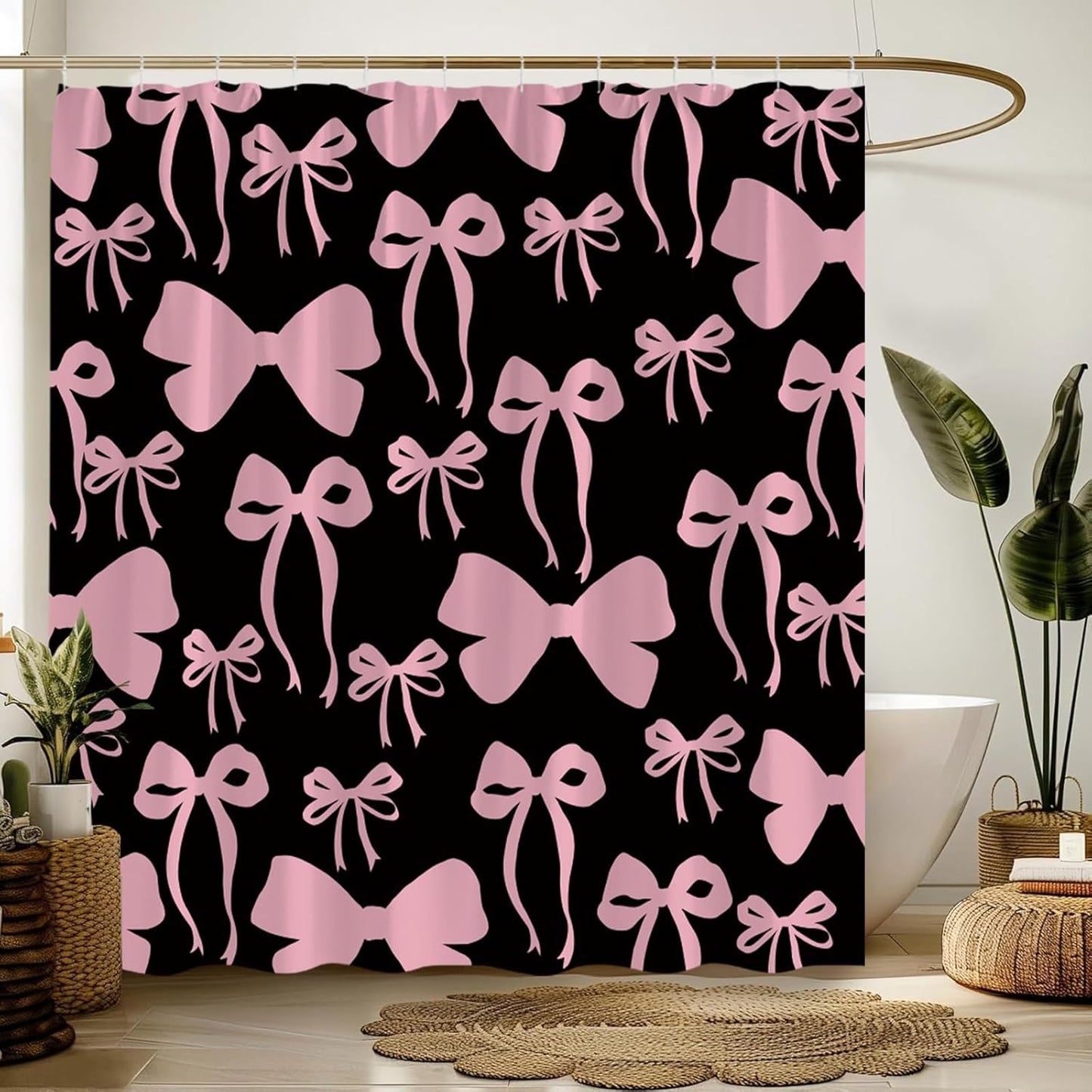 Pink Bow Shower Curtain Cute Bowknot for Girls Woman Modern Aesthetic Lovely Fabric Bathroom Decor Curtain with Hooks,70Wx70H Inches