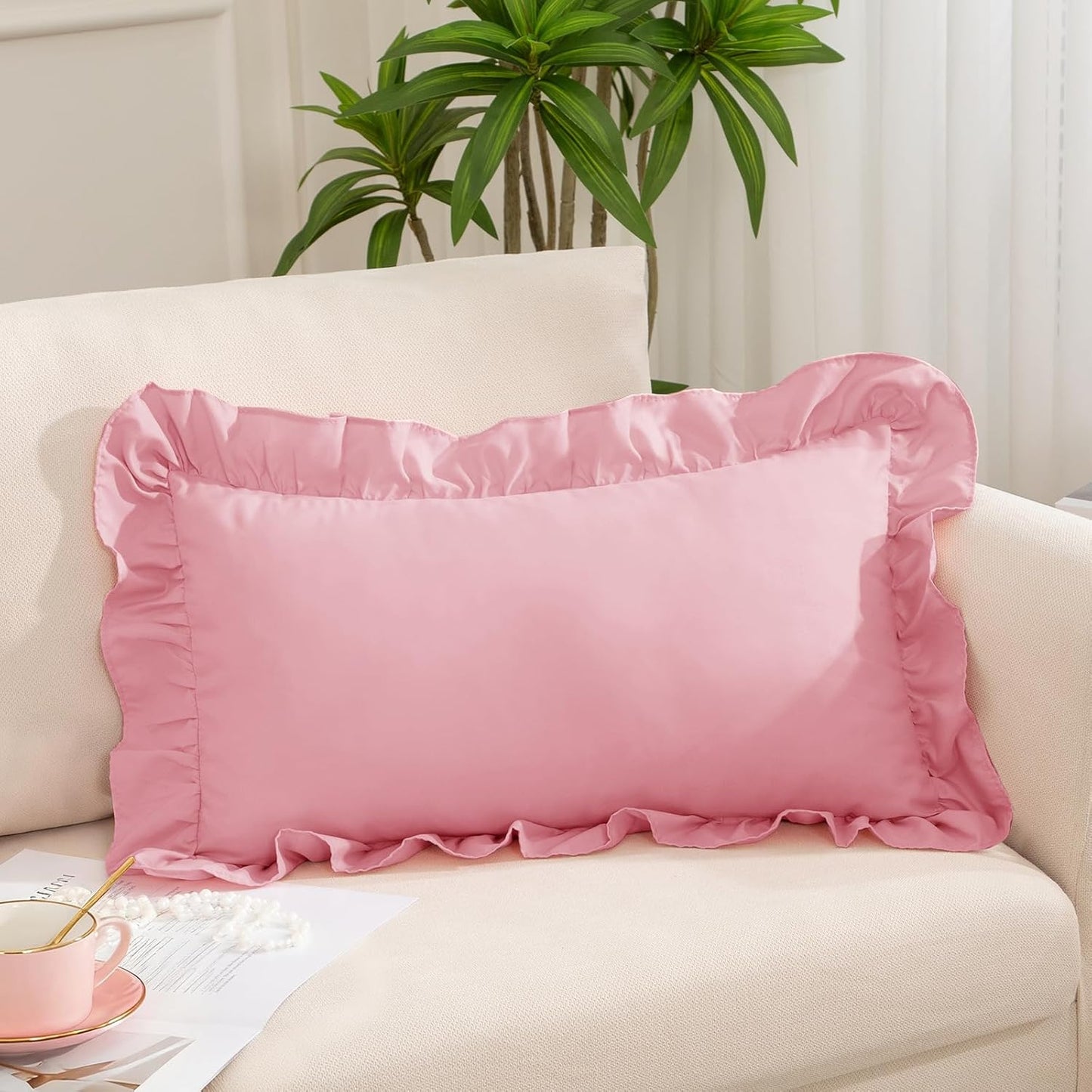 Pink Ruffle Lumbar Pillow Cover 12x20 Inch, Ruffled Cushion Case Covers for Couch Sofa Bed Living Room, Decorative Farmhouse Throw Pillow Cover, Pack of 1