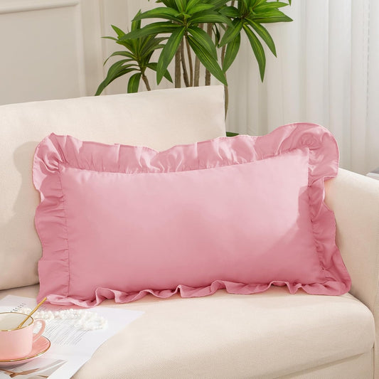 Pink Ruffle Lumbar Pillow Cover 12x20 Inch, Ruffled Cushion Case Covers for Couch Sofa Bed Living Room, Decorative Farmhouse Throw Pillow Cover, Pack of 1