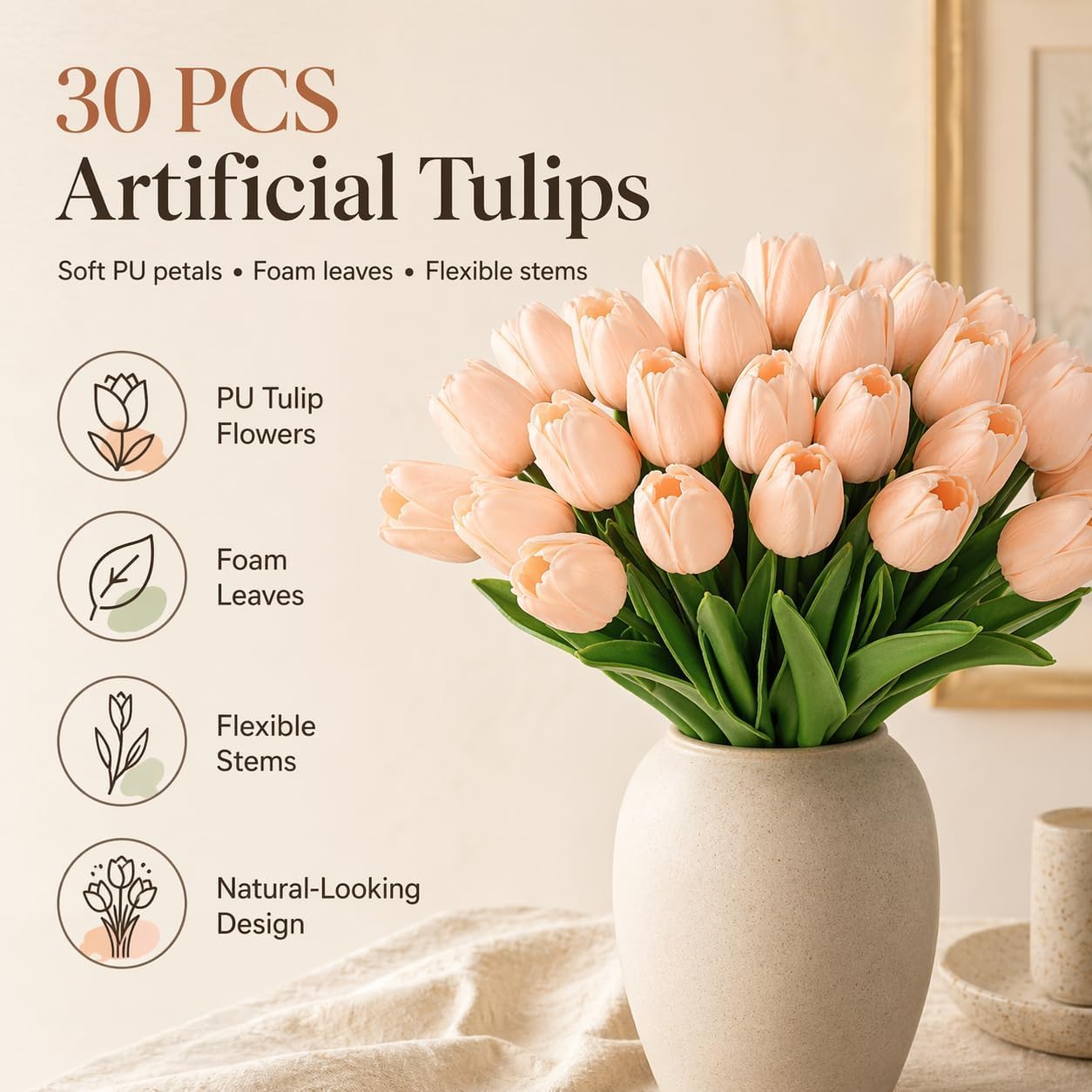 MACTING 30 PCS Artificial Tulip Flowers 13.7" Real Touch Fake PU Tulips Bouquet Faux Flowers for Floral Arrangements Table Centerpieces Kitchen Mothers Day Summer Decorations,Light Pink