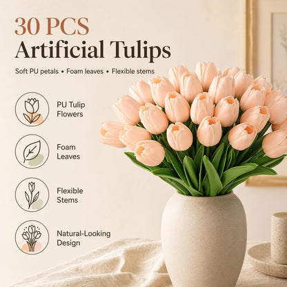 MACTING 30 PCS Artificial Tulip Flowers 13.7" Real Touch Fake PU Tulips Bouquet Faux Flowers for Floral Arrangements Table Centerpieces Kitchen Mothers Day Summer Decorations,Light Pink