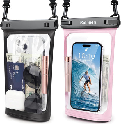 Large Floating Waterproof Phone Pouch, 2Pack Cell Phone Dry Bag for iPhone 17 16 15 14 13 Pro Max Galaxy S24 S23 S22 All Phones, Float Water Proof Bag for Beach Water Park (Black + Pink)