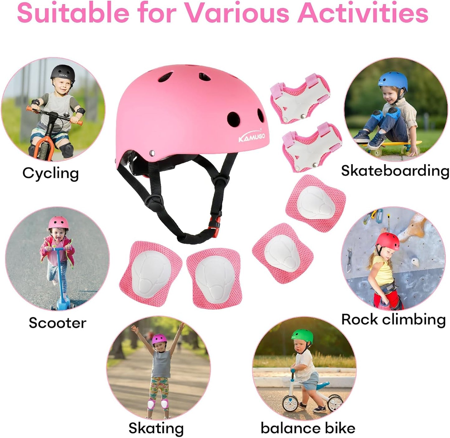 KAMUGO Kids Bike Helmet, Toddler Helmet for Ages 2-8 Boys Girls with Sports Protective Gear Set Knee Elbow Wrist Pads for Skateboard Cycling Scooter Rollerblading