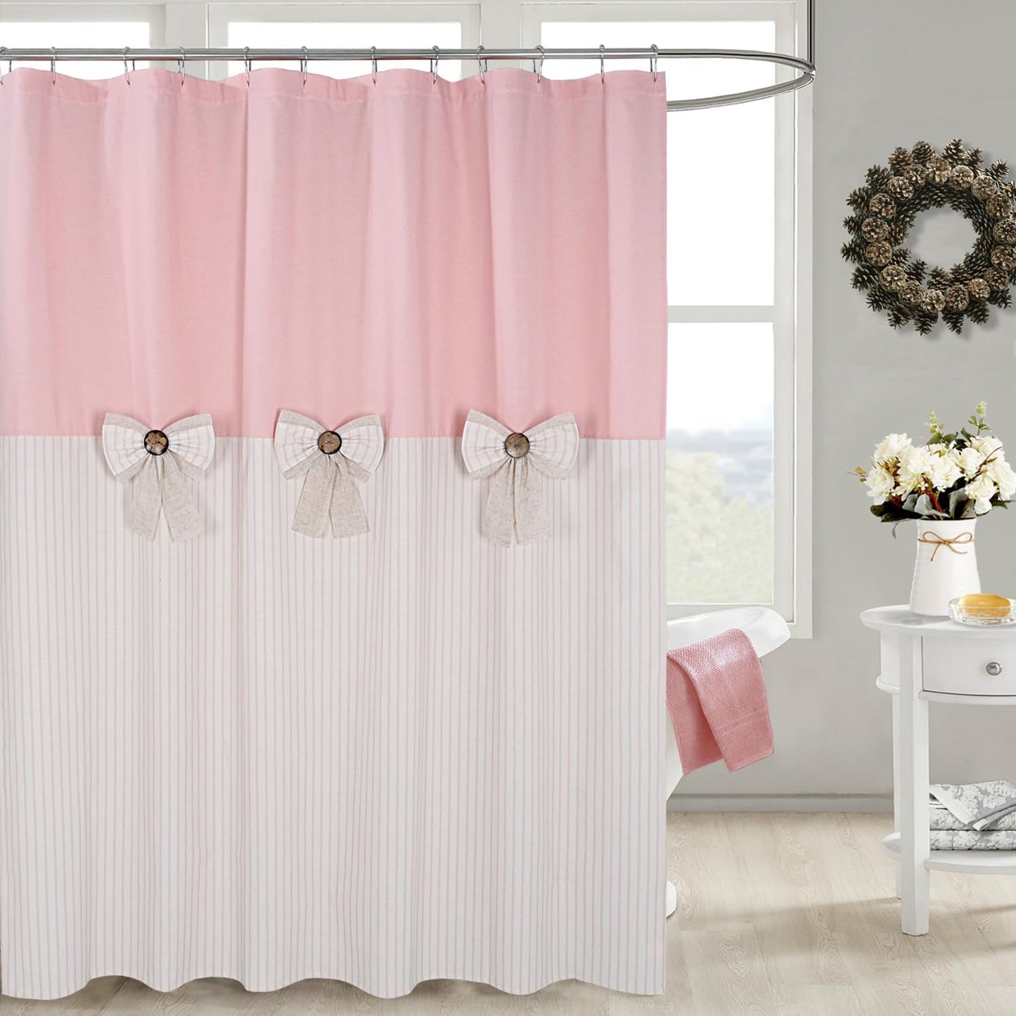 DOSLY IDÉES Farmhouse Pink Shower Curtain, Bowknot, Cotton Blend Fabric, Pleated Pink Stripe, Country Style, 72x72 in, Bathroom