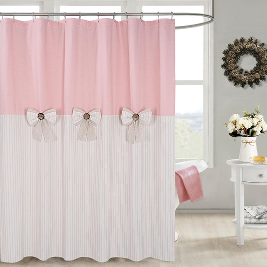 DOSLY IDÉES Farmhouse Pink Shower Curtain, Bowknot, Cotton Blend Fabric, Pleated Pink Stripe, Country Style, 72x72 in, Bathroom