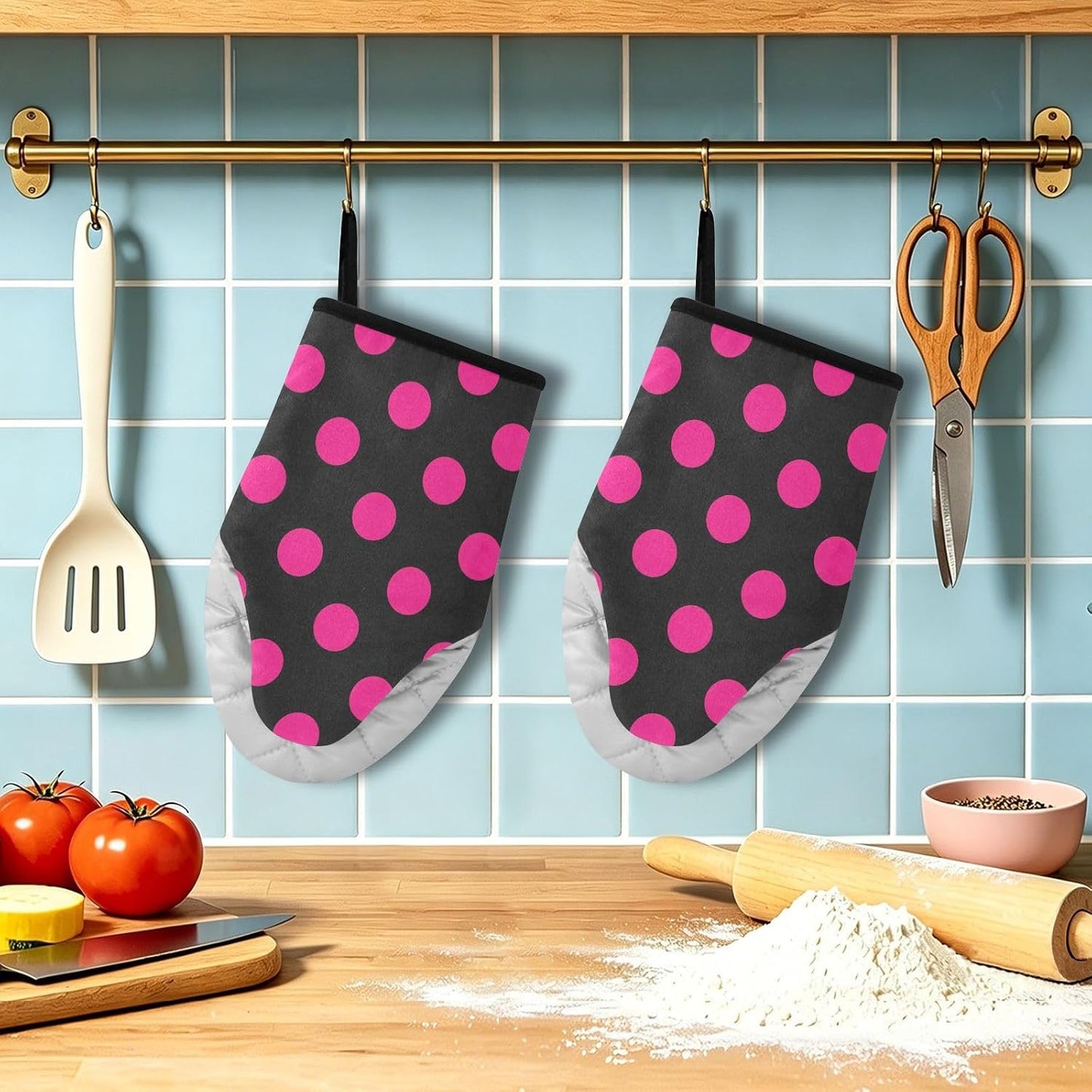 Oven Mitt 2 Pack Set Pink Polka Dot on Black Kitchen Mitts Gloves for for Cooking Baking Grilling