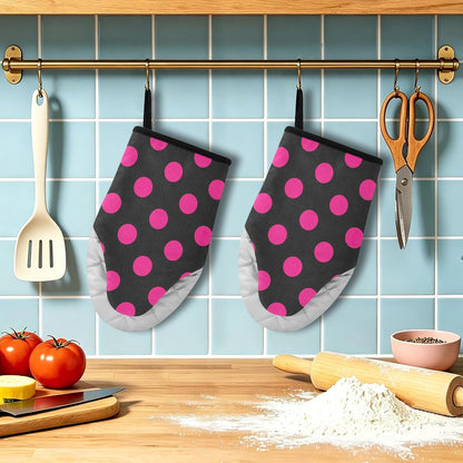 Oven Mitt 2 Pack Set Pink Polka Dot on Black Kitchen Mitts Gloves for for Cooking Baking Grilling